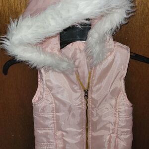 Light Pink Sparkly Satin & White Fur Lined Hooded Vest By Little Lass - Sz 6